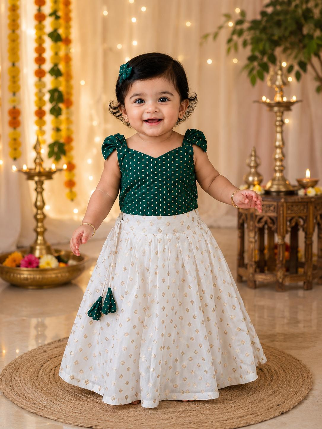 Emerald Green & Cream Pattu Pavadai Set for Baby Girls